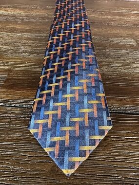 Bugatchi Silk Blue Tie with Orange and Gold Woven Pattern